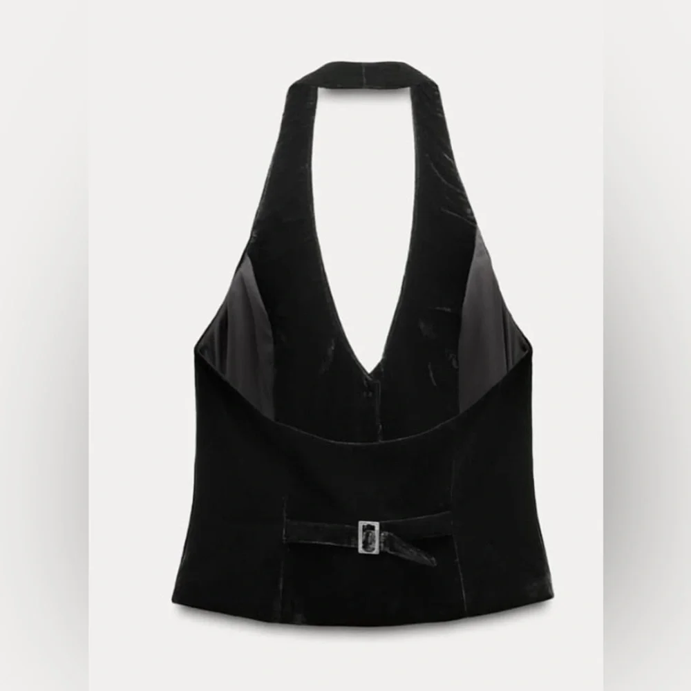 ZARA Black Velour Button Halter Neck Top/Vest size medium - Picture 4 of 8